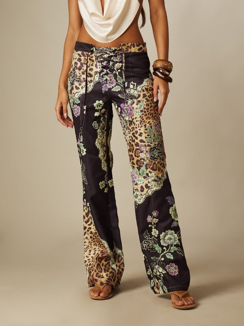 Multicolor Boho Women's Baroque Pattern Low Rise Flared Pants
